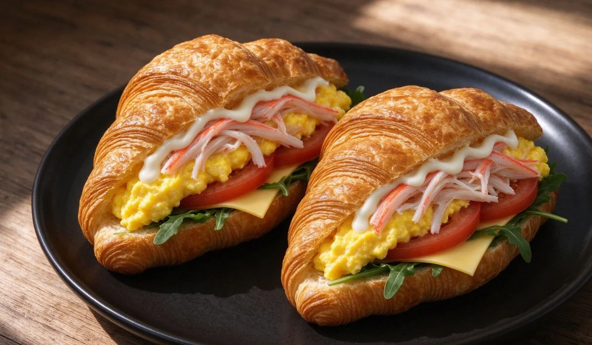 A plate of Crab Stick and Egg Croissant Sandwich