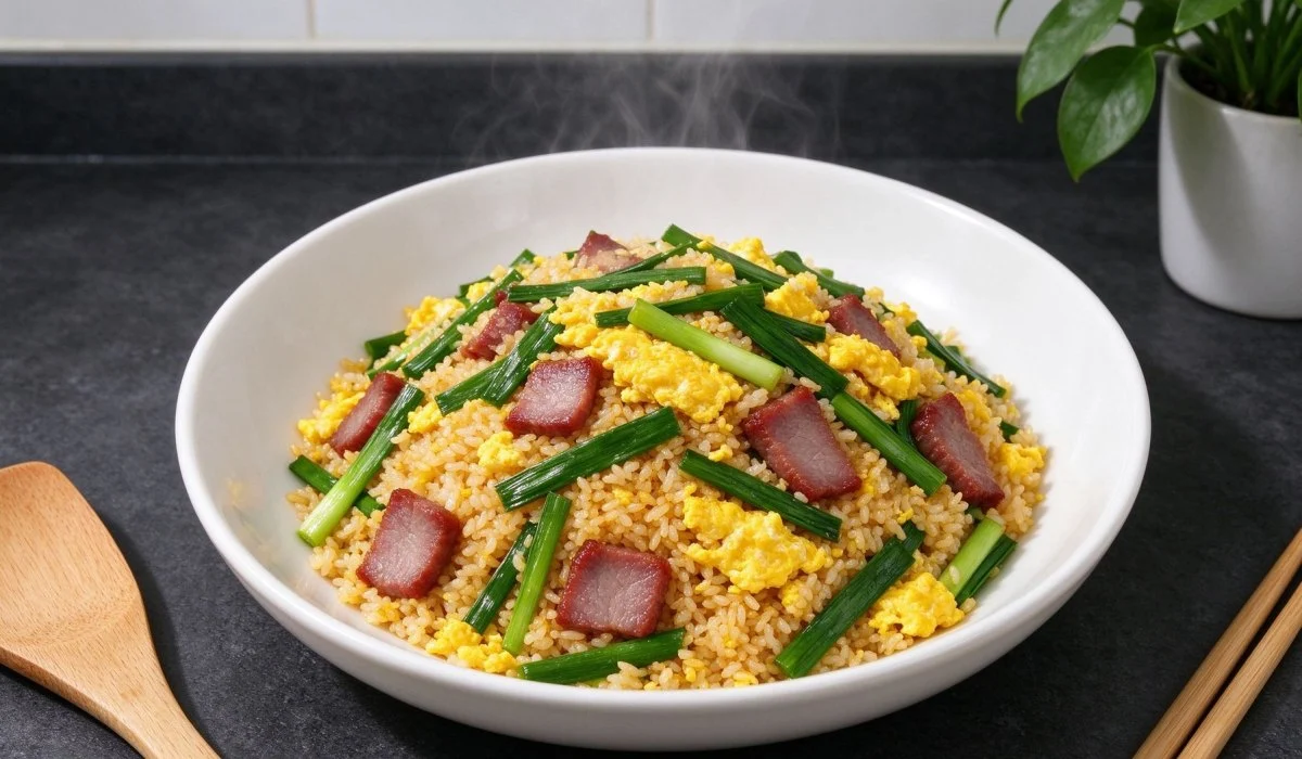 A plate of Quick Garlic Scape and Char Siu Fried Rice