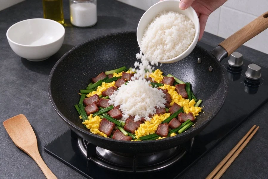 Quick Garlic Scape and Char Siu Fried Rice step 23