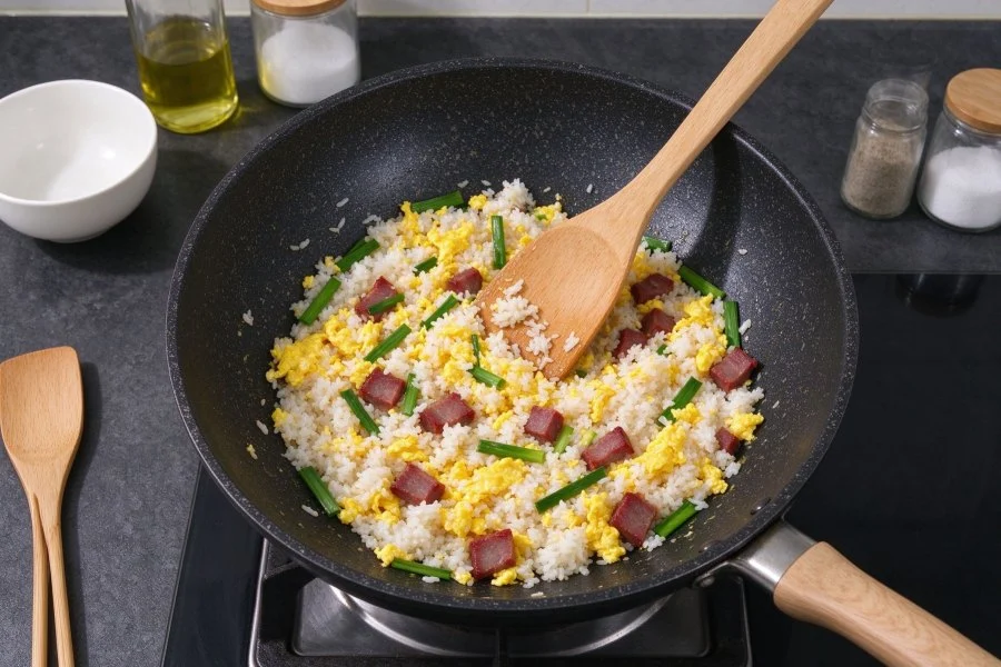 Quick Garlic Scape and Char Siu Fried Rice step 24