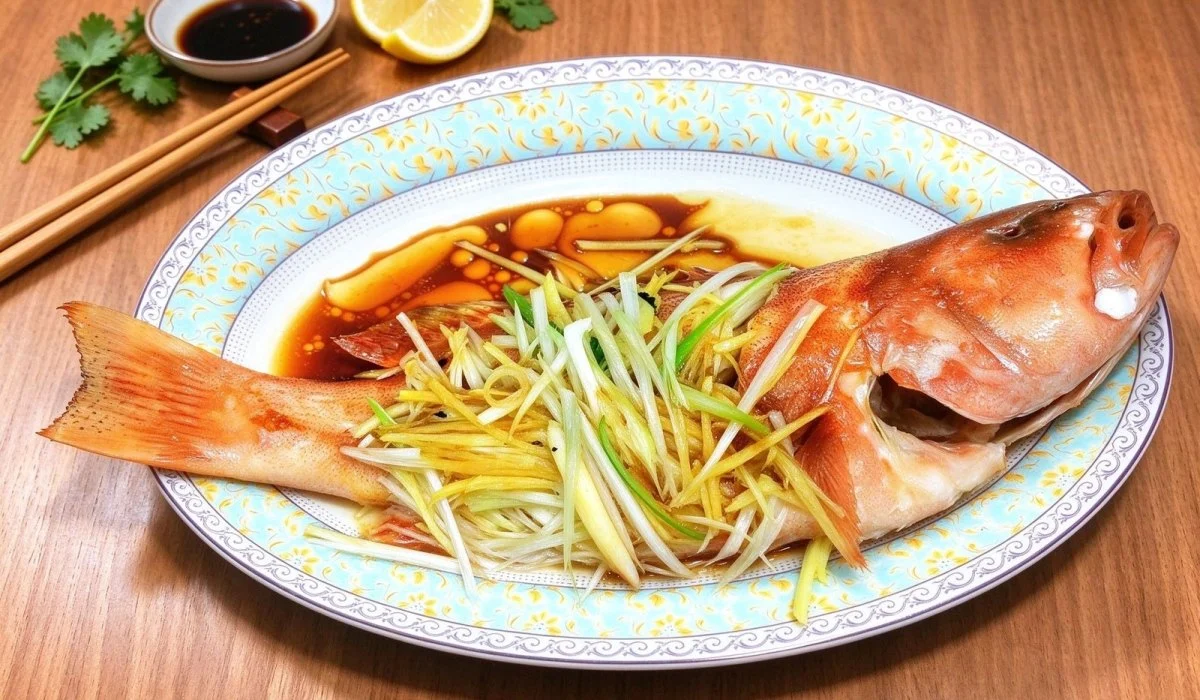 A plate of Steamed Coral Trout with Ginger and Scallion